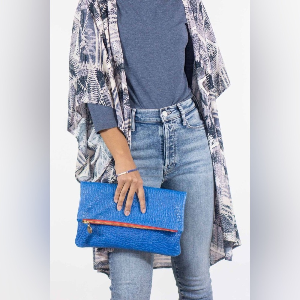 Clare V Electric Blue Croc-Embossed Foldover Clutch with Orange Trim